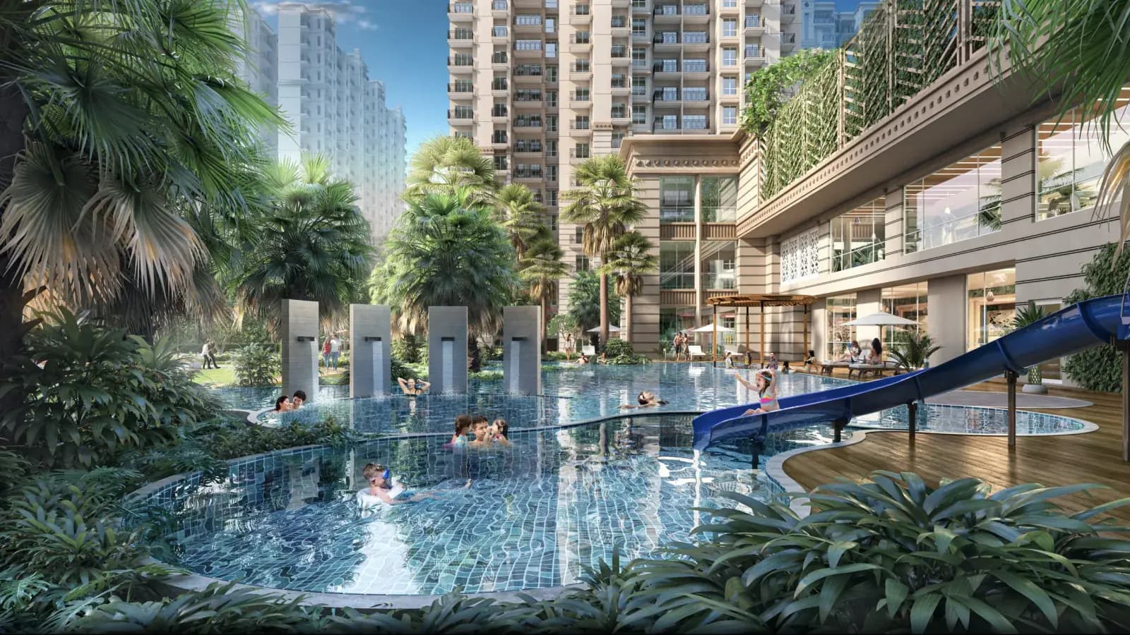 Official conceptual view of the CRC Joyous clubhouse pool and residential towers in Techzone IV Greater Noida West