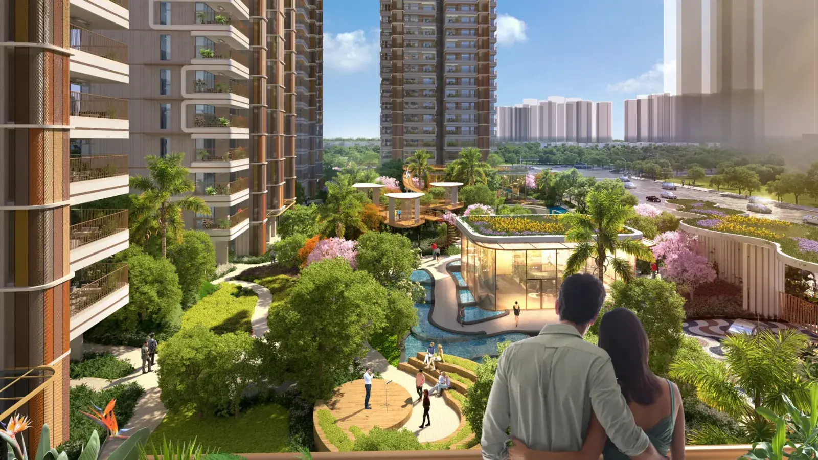 Official artist impression of CRC Maesta towers and landscaped grounds in Sector 1 Greater Noida West