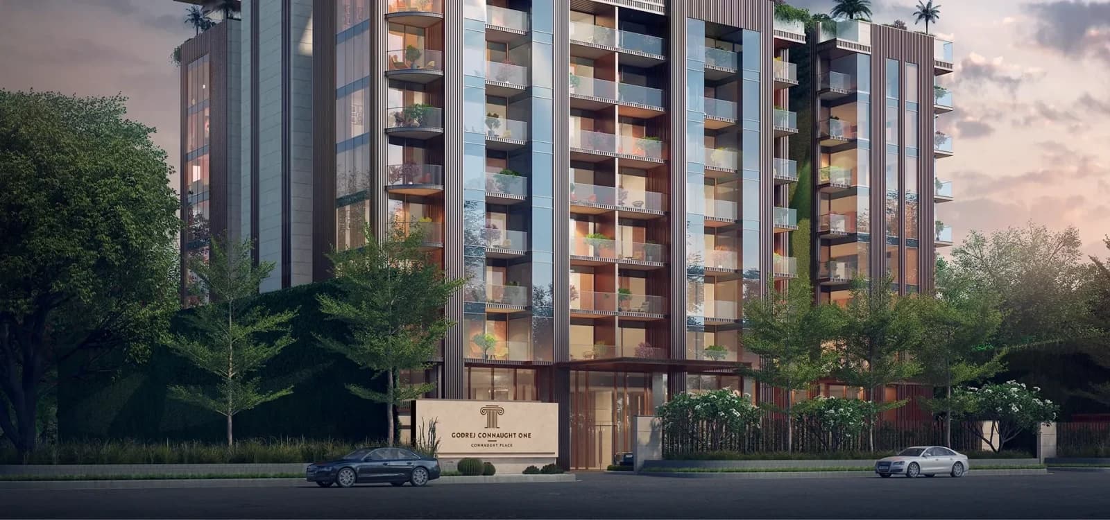 Godrej Connaught One residential facade on Lady Hardinge Road — architectural impression