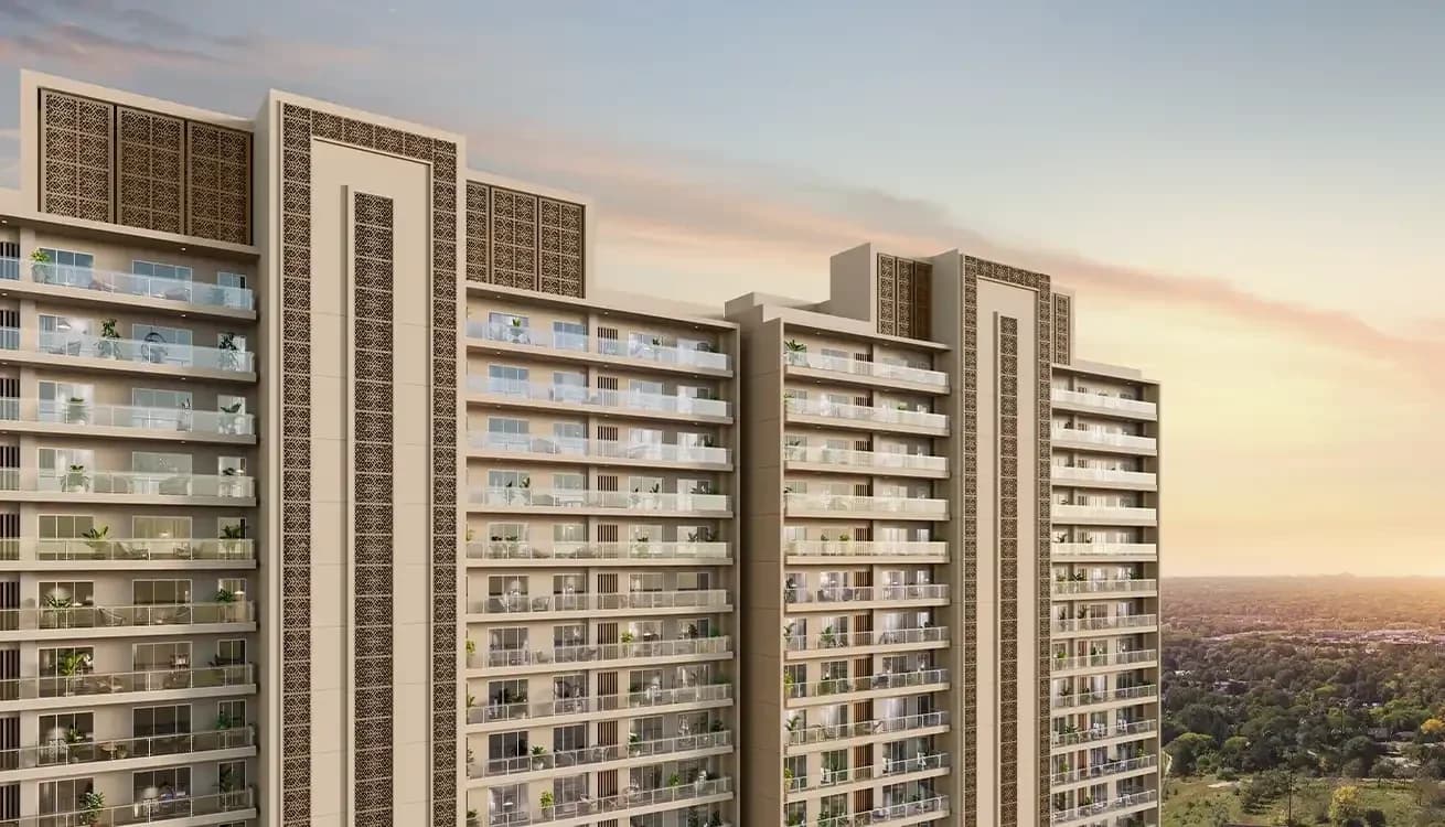 Godrej Majesty towers with patterned crown facades — architectural impression