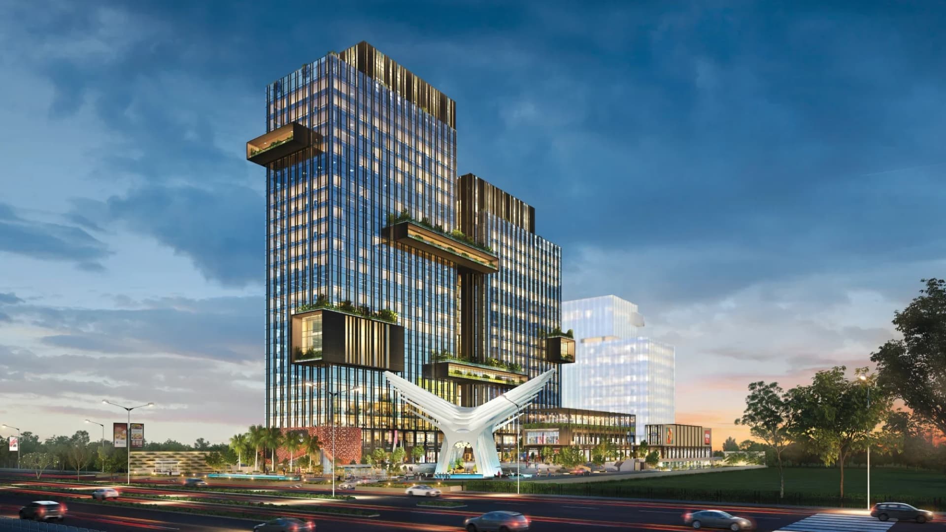 GYGY Mentis commercial towers and retail frontage — artistic impression