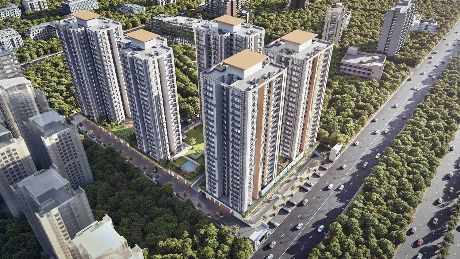 Trident Embassy-Reso towers and podium in the developer's aerial illustration