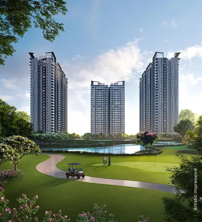 M3M Golf Hills towers and landscaped leisure setting, developer artist's impression