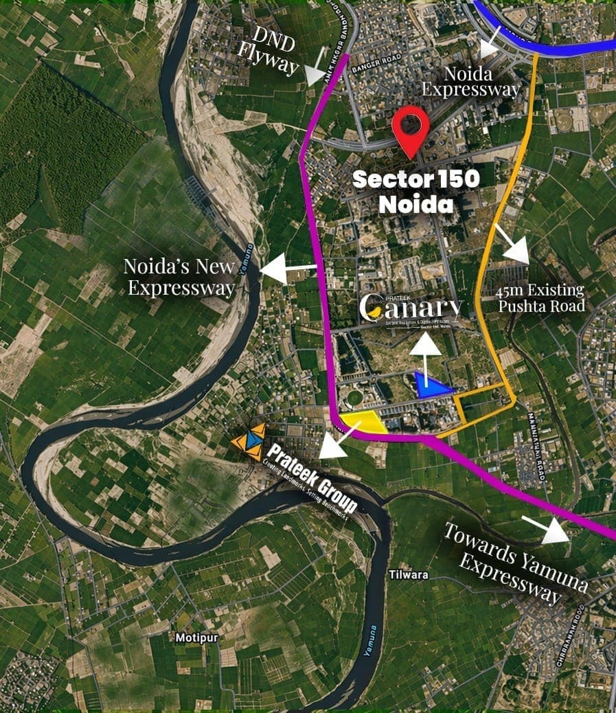 Prateek Canary location illustration showing Sector 150 Noida, existing roads and a proposed bypass alignment
