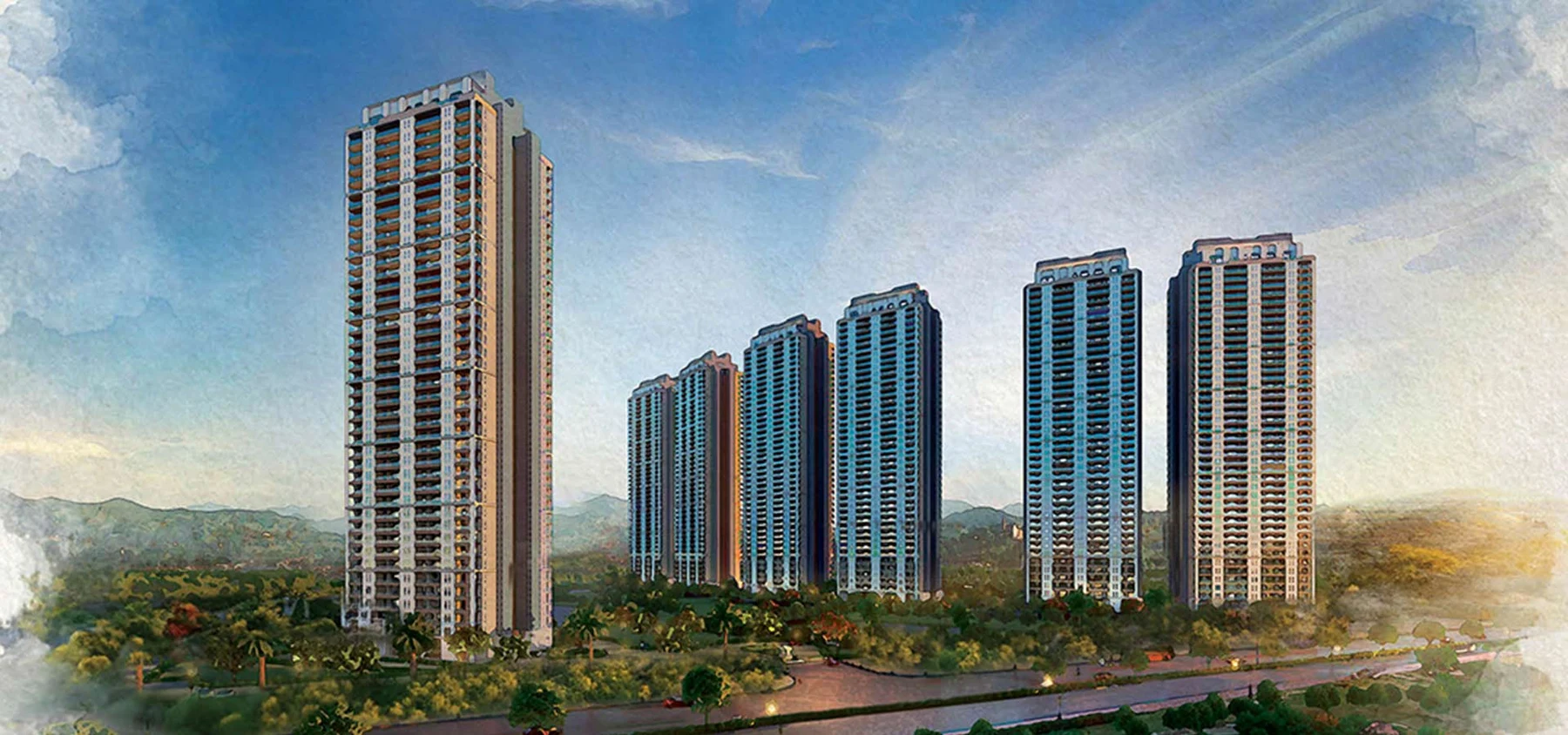DLF Privana South — residential towers, artistic impression — Developer artistic impression; not a completed building or the offered unit. Final layouts and amenities may vary.
