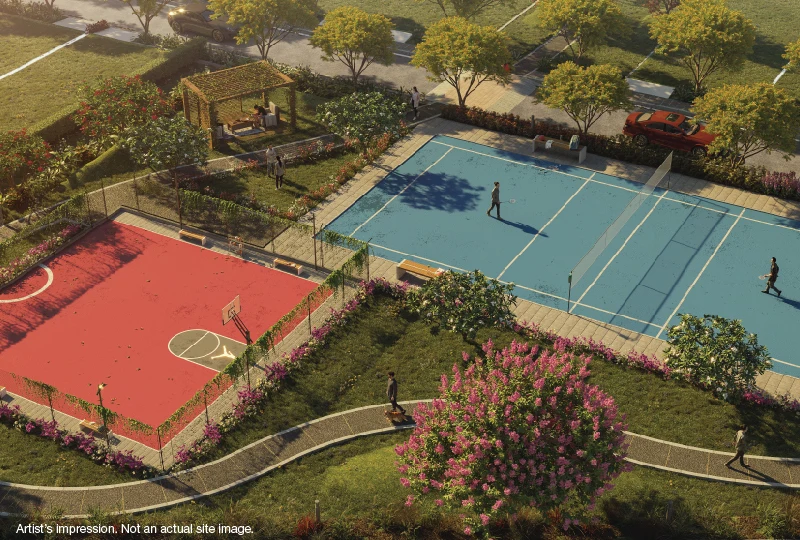 Godrej Aristocrat — outdoor sports courts concept — Developer artistic impression; not a completed building or the offered unit. Final layouts and amenities may vary.