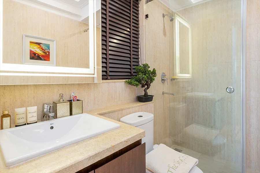 DLF The Skycourt — show-home bathroom — Developer show-home photograph; furnishings and finishes are not the offered unit's specification.