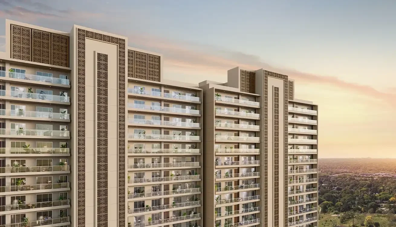 Godrej Majesty towers with patterned crown facades — architectural impression