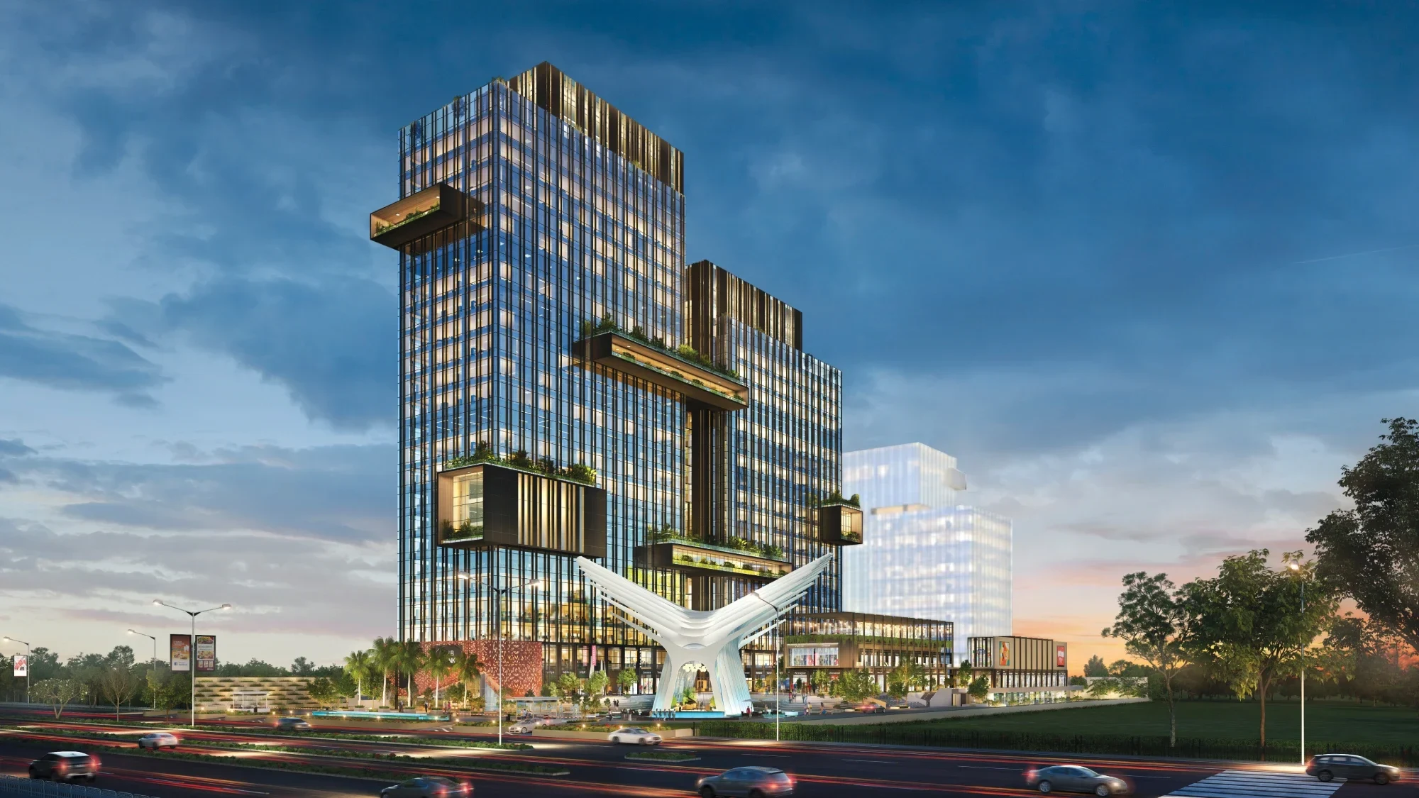 GYGY Mentis commercial towers and retail frontage — artistic impression